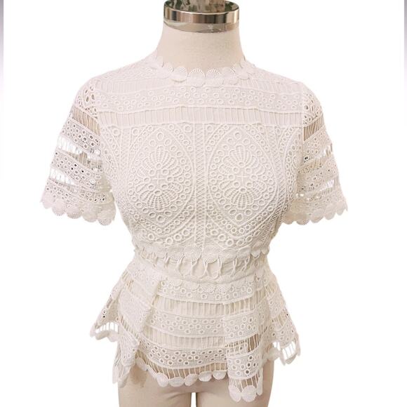 Maje Loseray Peplum Lace Top Blouse Short Sleeve  in Ecru White Size 1 US Smalll - Picture 3 of 11